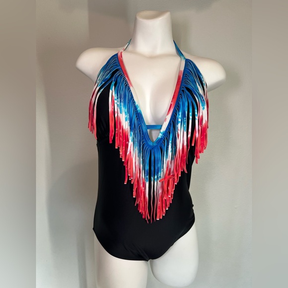 OP Patriotic One Piece Swimsuit Large 11-13 Tie Dye Fringe Includes Fun Freebies - Picture 1 of 10